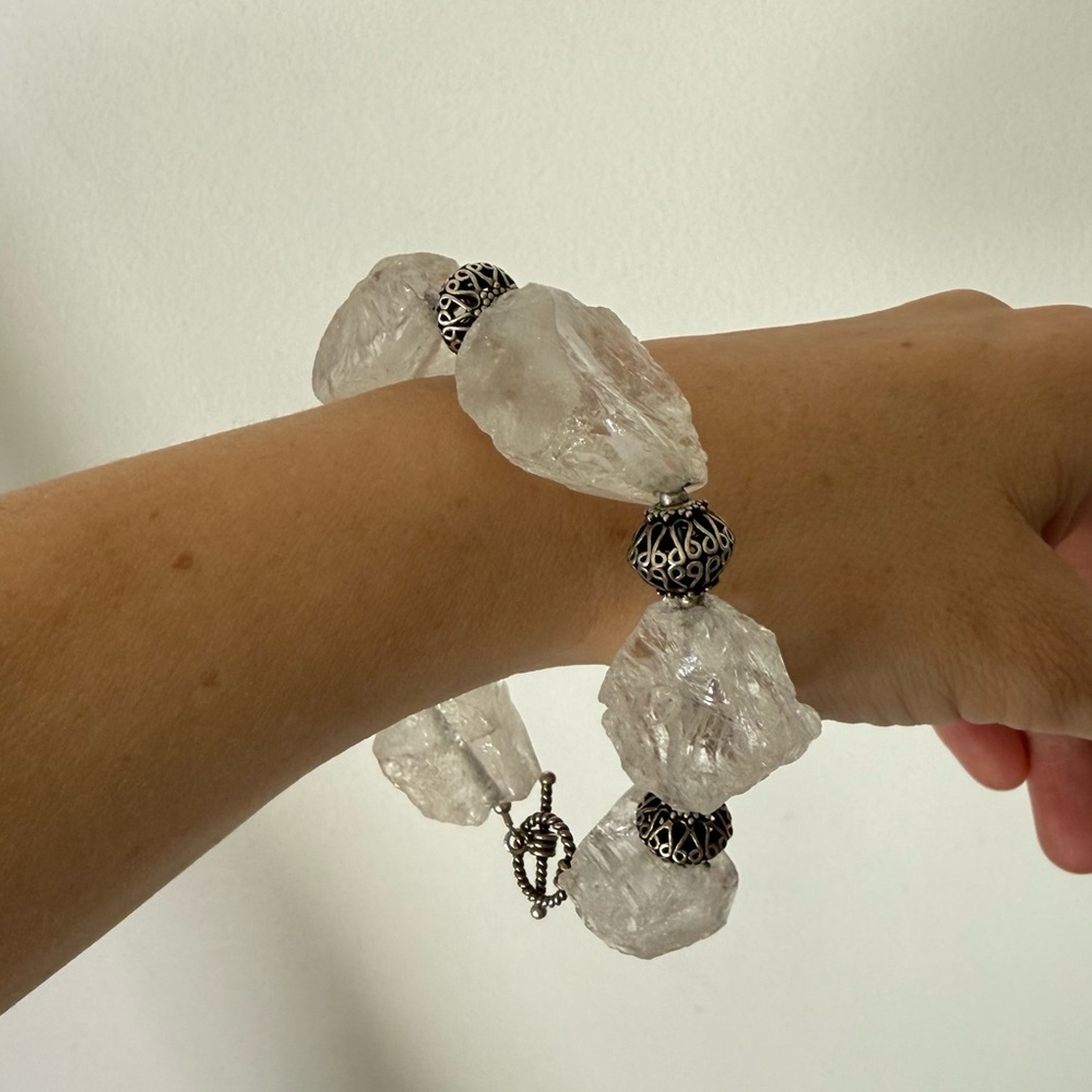 Chunky Crystal Quartz Bracelet With Silver Toned Beads Ornate Witchy